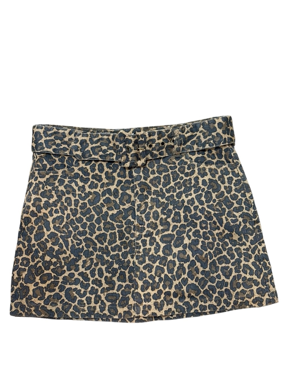 Show Me Your MuMu Leopard Print denim mini skirt LARGE belted Y2K animal print
